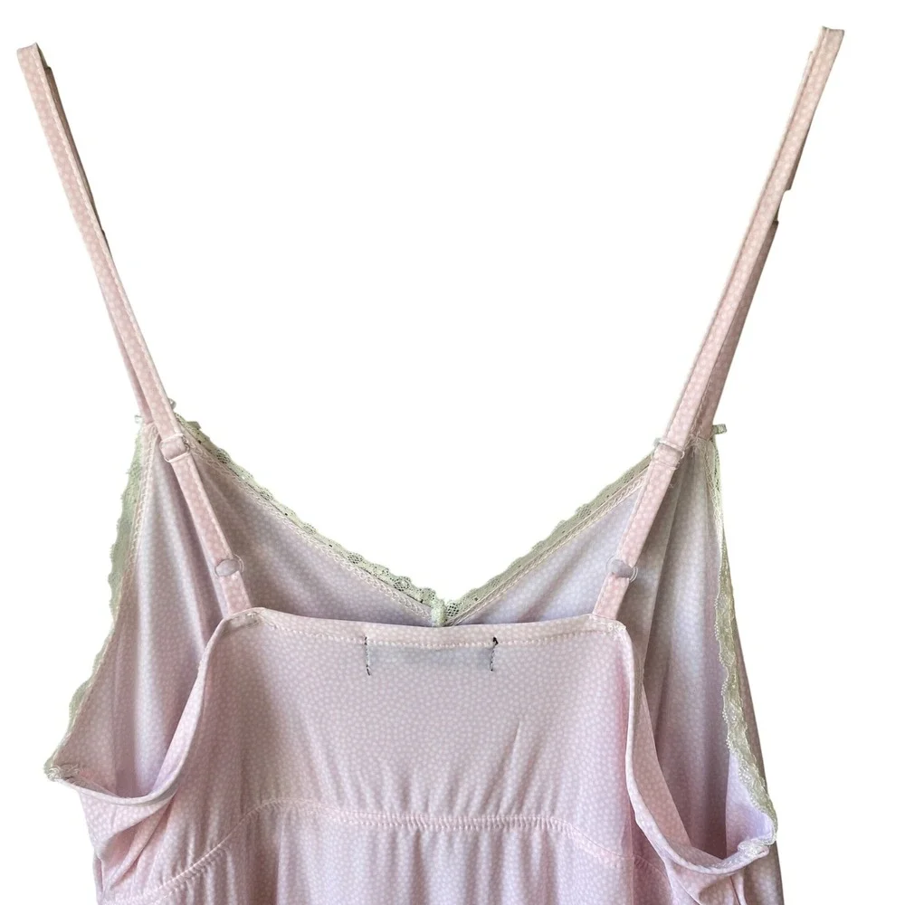 Rene Rofe Pink Polka Dot Lace Trim Chemise Nightgown Adjustable Straps Small‎